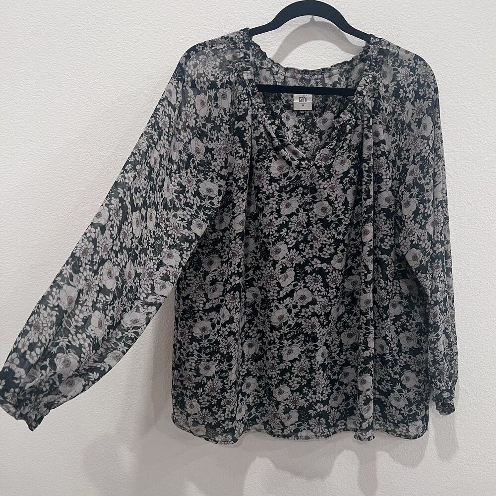 CAbi Top Womens Medium Green Floral Print Chiffon Sheer Blouse Style 3765